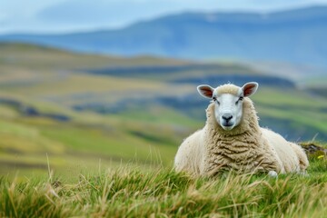 Fototapeta premium Soft wooly sheep resting peacefully on a lush green hillside under a bright blue sky