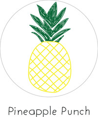 A charming and whimsical hand-drawn illustration features a vibrant yellow pineapple with green leaves, rendered in a delightful doodle style within a crisp white circular frame outlined in subtle gra © jharna