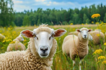 Obraz premium Sheep roam freely in a lush green meadow under a vibrant blue sky during a sunny afternoon