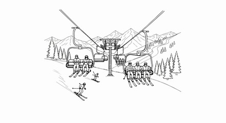 Obraz premium Skiers on a chairlift ascend a snowy mountain with evergreen trees