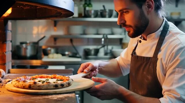 A chef carefully removing a freshly baked pizza from a wood-fired oven in a rustic kitchen filled with various culinary tools