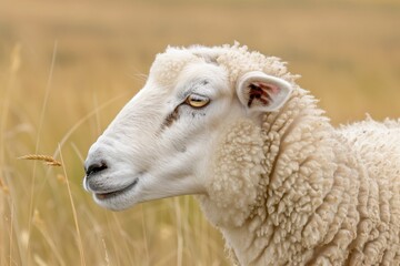 Furry sheep gazing peacefully in a golden field under a bright blue sky on a warm summer day