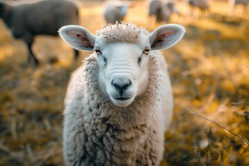 Fototapeta premium White sheep stands proudly in a golden field, basking in the warm afternoon sun on a peaceful farm