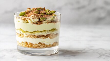 Layered pistachio tiramisu dessert in a glass with cocoa powder and nuts.