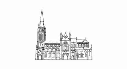 Ornate gothic cathedral sketch with tall spire, arched windows, and detailed facade