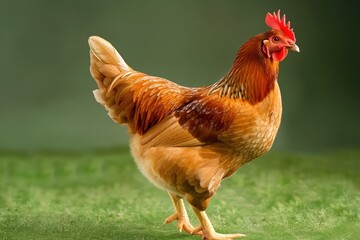 Fototapeta premium Colorful chicken walks gracefully in a sunlit green field showcasing its vibrant feathers and natural beauty