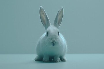 Obraz premium Soft, fluffy white rabbit sitting quietly on a pale surface under gentle lighting at a serene moment in a cozy space