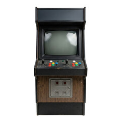 Retro arcade machine cabinet with joystick on black background
