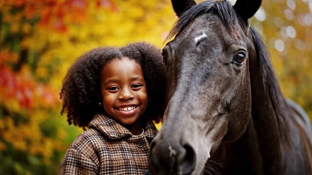 Smiling child with horse in autumn park joyful interaction