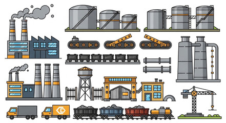 Industrial factory and transportation elements collection vector illustration. © Tama