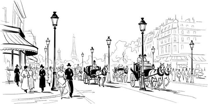 Vintage city street scene with horse-drawn carriages and pedestrians
