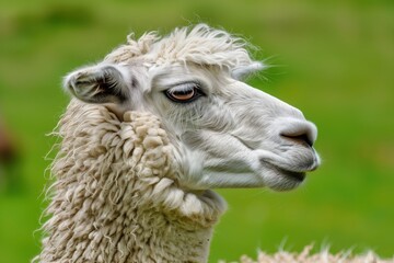 Fototapeta premium Soft, fluffy llama gazes gracefully across a vibrant green pasture under the bright sun