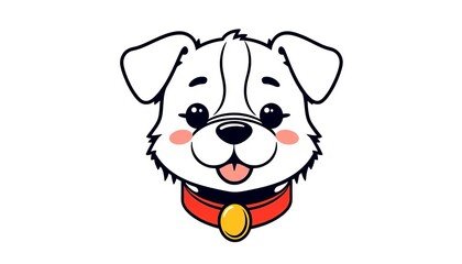 Fototapeta premium Cute kawaii dog head vector art, simple line drawing with bold outlines, wearing red collar and gold bell Flat minimal sticker style clip art on white, digital art, cheerful
