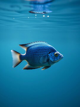 Azure phantom of depth, a majestic Cyphotilapia Frontosa drifts in soft lake light,  Peaceful Waters,  Underwater Photography