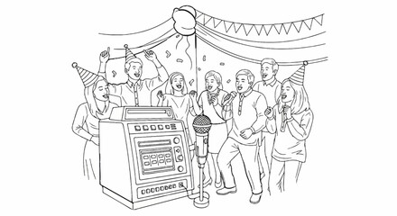 Obraz premium Group of people enjoying karaoke party with decorations and confetti