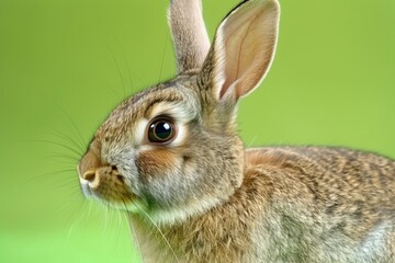 Obraz premium Captivating close-up of a curious rabbit exploring a vibrant green background during a sunny afternoon