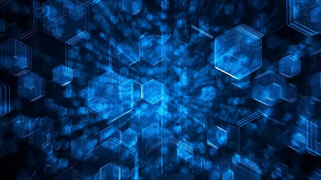 Abstract blue digital background with hexagonal shapes and glowing particles. Represents technology, innovation, and data visualization in a modern context