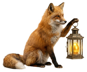 Fototapeta premium sitting red fox (vulpes vulpes) holding a vintage lantern glowing with a golden egg inside