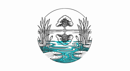 Obraz premium Stylized drawing of a tranquil pond with a tree reflected in water