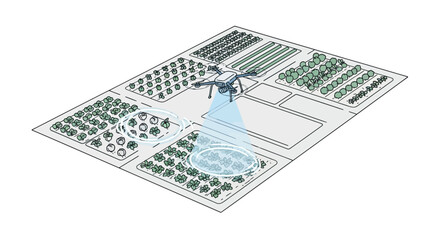 Isometric illustration of a drone flying over a smart farm with various plots of land and crops, showcasing modern agricultural technology and business concepts in an urban setting © NanzZ