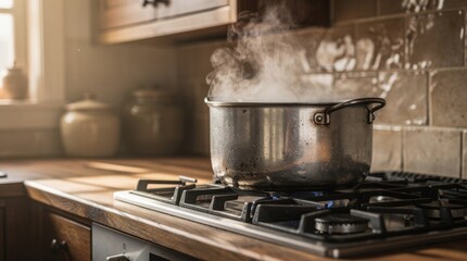 A steaming pot on a stove, creating a warm and inviting kitchen atmosphere.