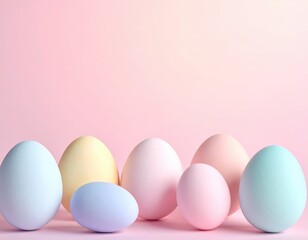 Colorful Pastel Eggs Arranged Aesthetically on Soft Pink Background