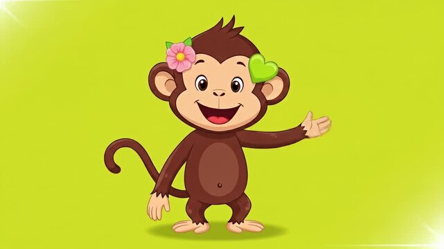 A cartoon monkey with flower and heart decorations, smiling, stands on a green background