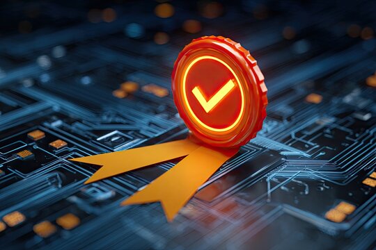 Glowing checkmark award on circuit board background