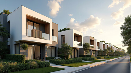 A row of modern minimalist townhouses lines a sunlit suburban street. Each two-story home features a clean, geometric design with light gray and white facades, large floor-to-ceiling windows, and a ca