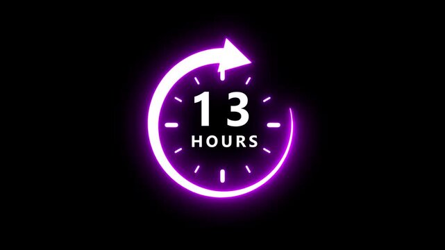 Luminous neon purple clock symbol showing thirteen hours with a directional arrow and hour markers on a black canvas