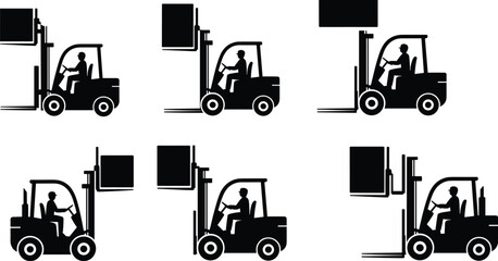 Forklift truck operator silhouettes lifting cargo boxes, warehouse logistics equipment icons for material handling, transportation and industrial storage operations isolated on white © AKIBUR