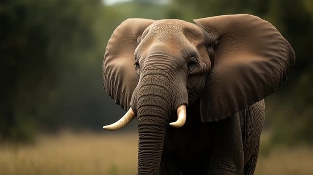 Elephant portrait in natural habitat, upper body view, wildlife green trees background
