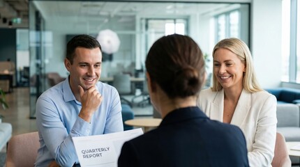 Fototapeta premium Three professionals in modern office reviewing quarterly report, smiling and engaged in collaborative meeting
