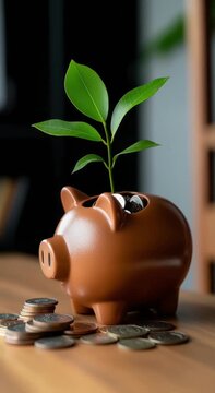 A pink piggy bank placed on a rustic wooden table, surrounded by a scattering of coins, concept of savings and financial management.	