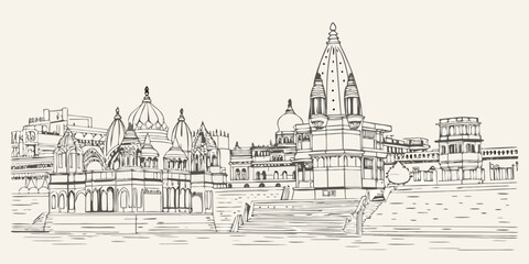 Detailed sketch of a traditional indian temple complex with surrounding structures © Roni
