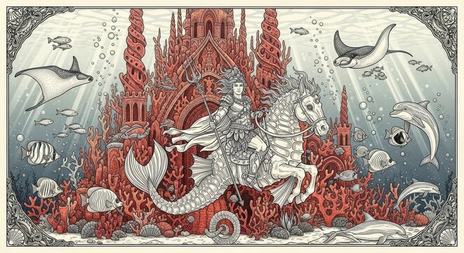 Mythical aquatic ruler on a seahorse figure rides before a towering coral fortress surrounded by sea life
