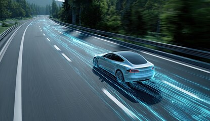 Naklejka premium Futuristic electric car speeds down highway with glowing digital trails