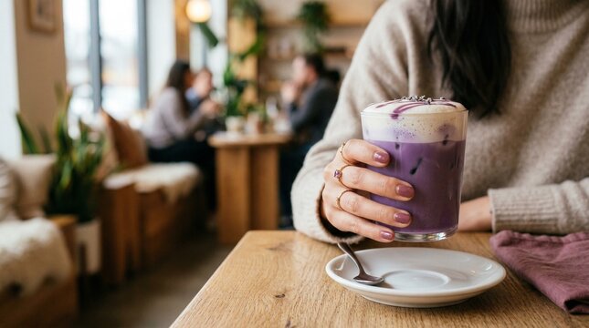 Person holding a vibrant ube latte with frothy top in a cafe. Purple yam drink on a wooden table. Seasonal caf&eacute; menu refresh concept