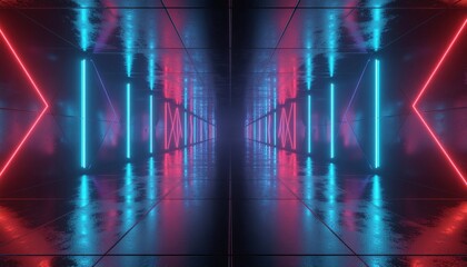Fototapeta premium Futuristic corridor with vibrant neon lights reflecting on a sleek surface.