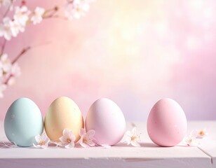 Delicate Pastel Eggs Surrounded by Blossoms on Soft Pink Background