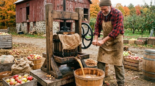 Apple cider pressing at an orchard.