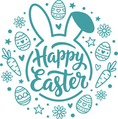 Fototapeta premium Happy Easter Lettering with Bunny Ears and Decorative Eggs