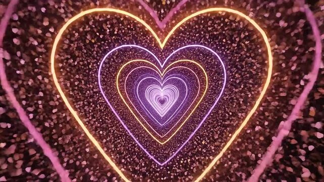 Infinite glowing heart shapes form a tunnel with sparkling particles in the background