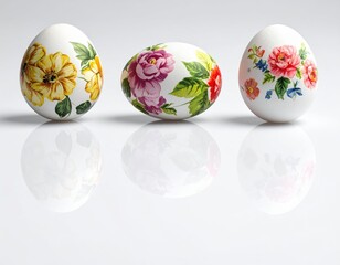 Colorful Floral Decorated Eggs on a Reflective Surface