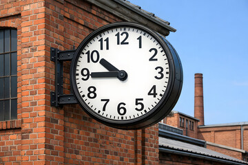 A large factory clock hangs on the side of a historic brick factory. 