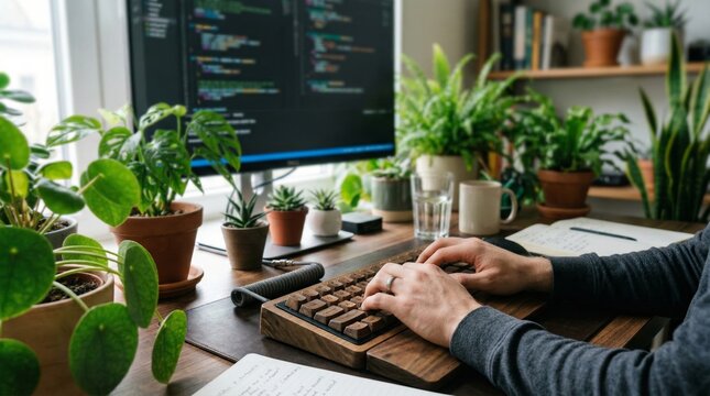 nature inspired developer workspace with plants and code (63 characters)