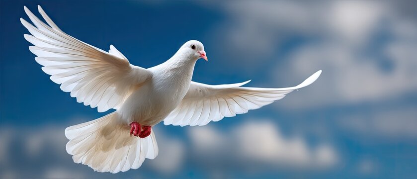 White dove flies in blue sky with clouds, symbolizing freedom and hope, perfect for banners and postcards celebrating unity and goodwill