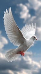 Obraz premium Beautiful white dove flying in the blue sky among clouds showing freedom and peace in a bright and clear atmosphere