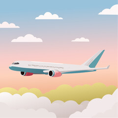 Fototapeta premium Pastel‑colored airplane flying above soft clouds