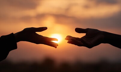 Two hands reaching towards the sun at sunset